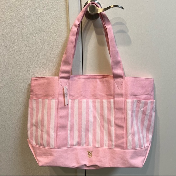 NWT Victoria’s Secret Iconic Pink Canvas Cotton Striped Tote ShoulderTravel Bag - Picture 10 of 10